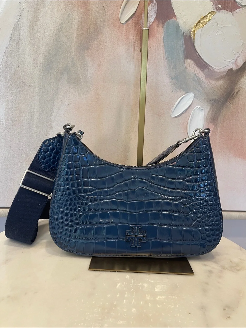 Tory Burch Croc-Embossed Navy Leather Shoulder Bag